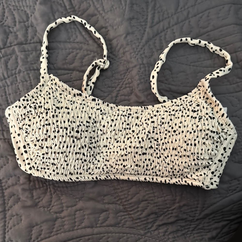 White and Black Polka Dot Smocked Bikini Top